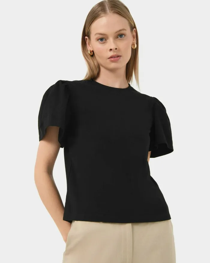Forcast Cayla Gathered Sleeve Tee Ivoryblack Women TShirts and Tops