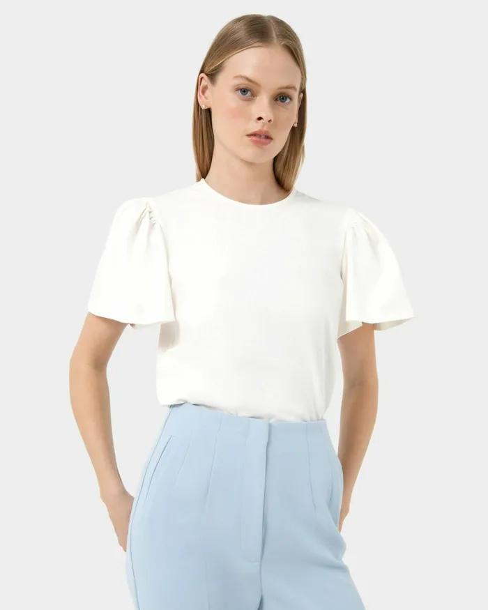 Forcast Cayla Gathered Sleeve Tee Ivoryblack Women TShirts and Tops