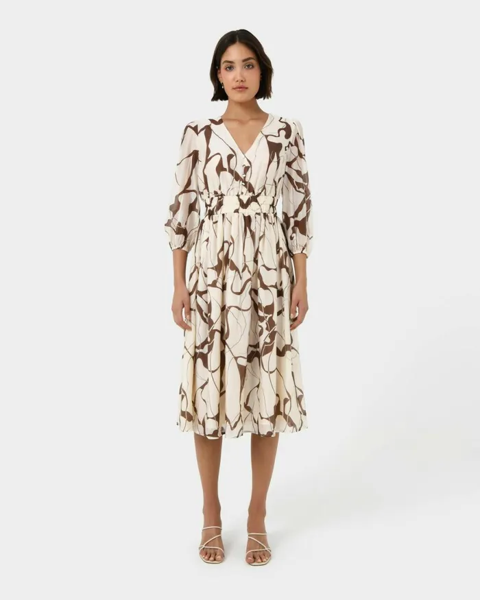 Forcast Cleo Vneck Dress Organic Brown Women Midi Dresses