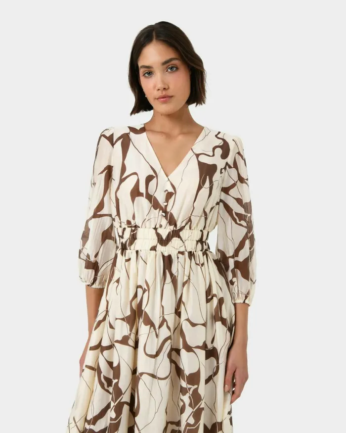 Forcast Cleo Vneck Dress Organic Brown Women Midi Dresses