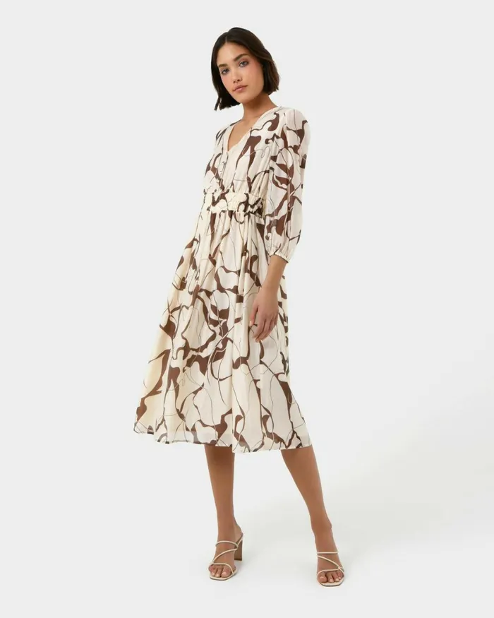 Forcast Cleo Vneck Dress Organic Brown Women Midi Dresses