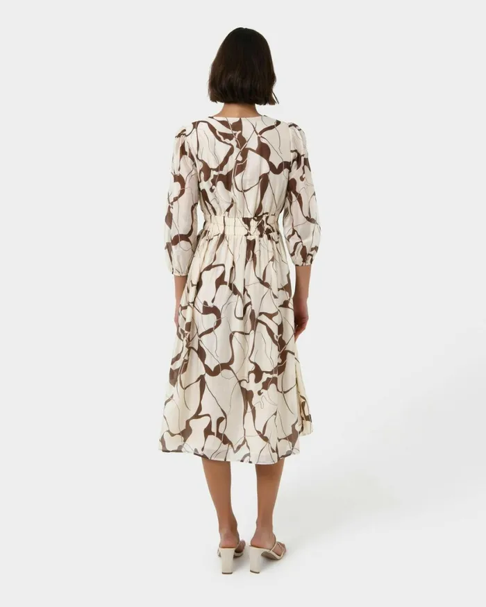 Forcast Cleo Vneck Dress Organic Brown Women Midi Dresses