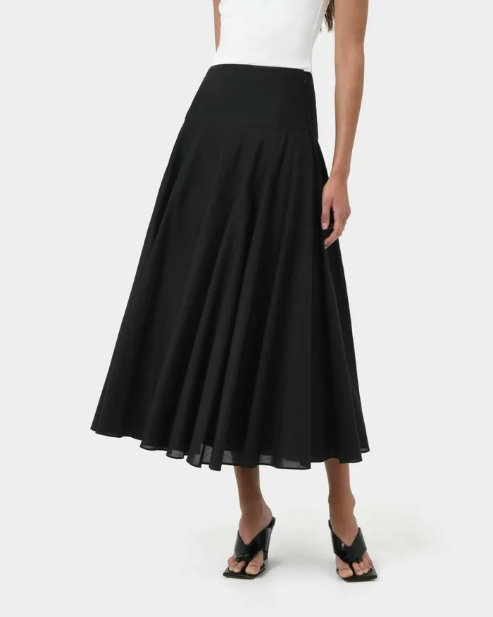 Forcast Deb Cotton Midi Full Skirt Ivoryblack Women Midi and Maxi Skirts