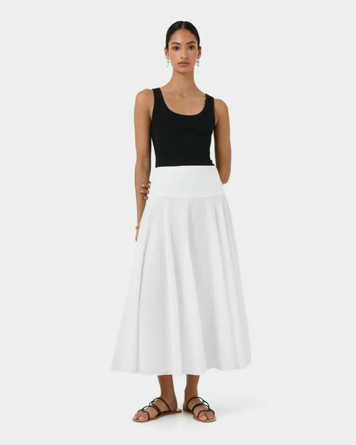 Forcast Deb Cotton Midi Full Skirt Ivoryblack Women Midi and Maxi Skirts