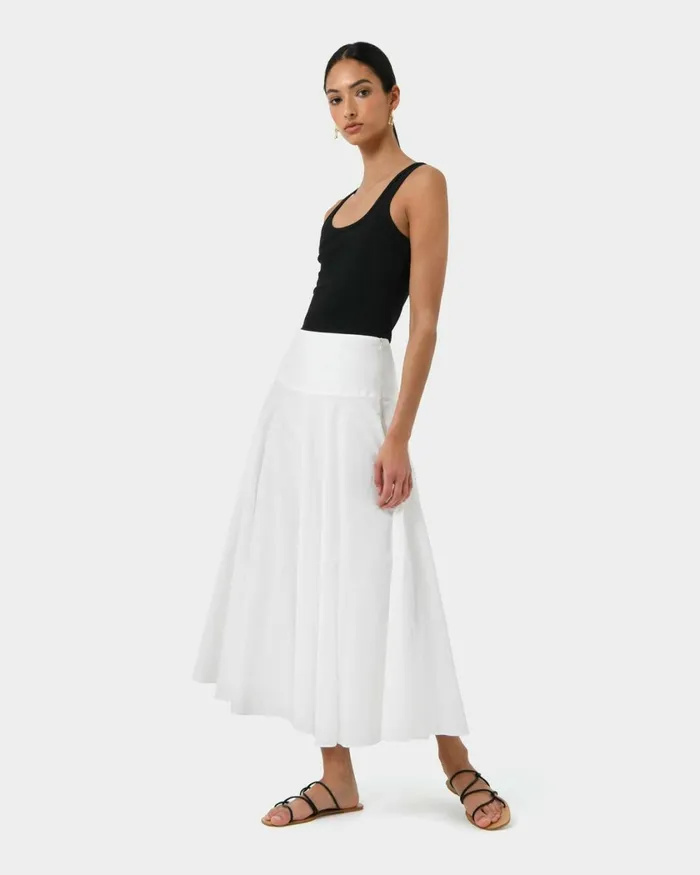 Forcast Deb Cotton Midi Full Skirt Ivoryblack Women Midi and Maxi Skirts
