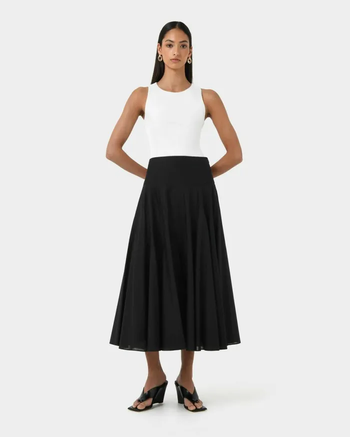 Forcast Deb Cotton Midi Full Skirt Ivoryblack Women Midi and Maxi Skirts