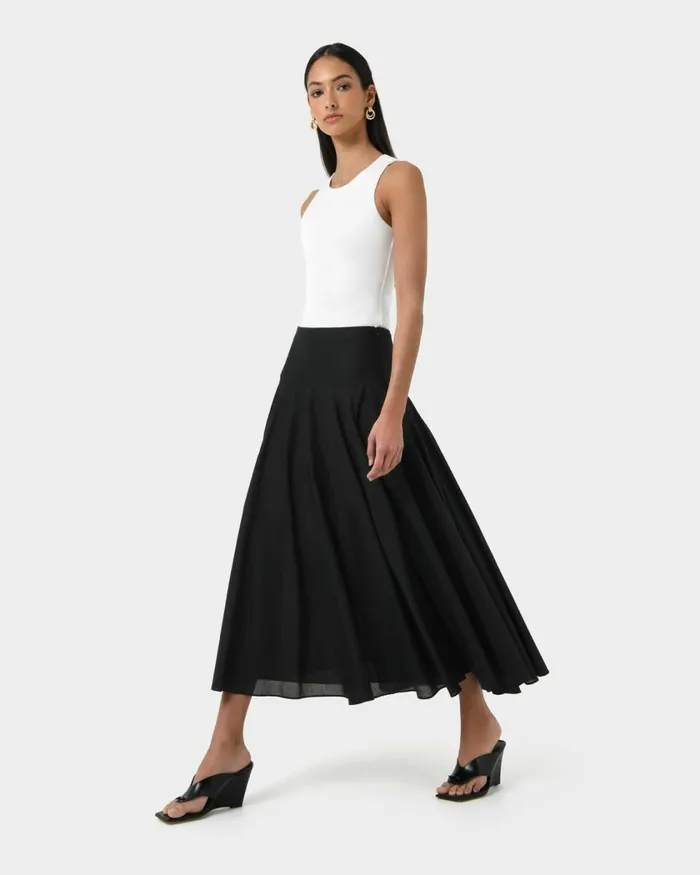 Forcast Deb Cotton Midi Full Skirt Ivoryblack Women Midi and Maxi Skirts