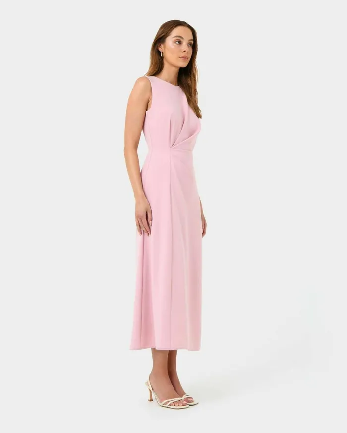 Forcast Demi Ruched Midi Dress Pastel Pinkmidnight Women Midi Dresses