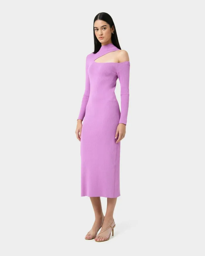 Forcast Destiny Cut Out Knit Dress Mauvegreen Women Midi Dresses