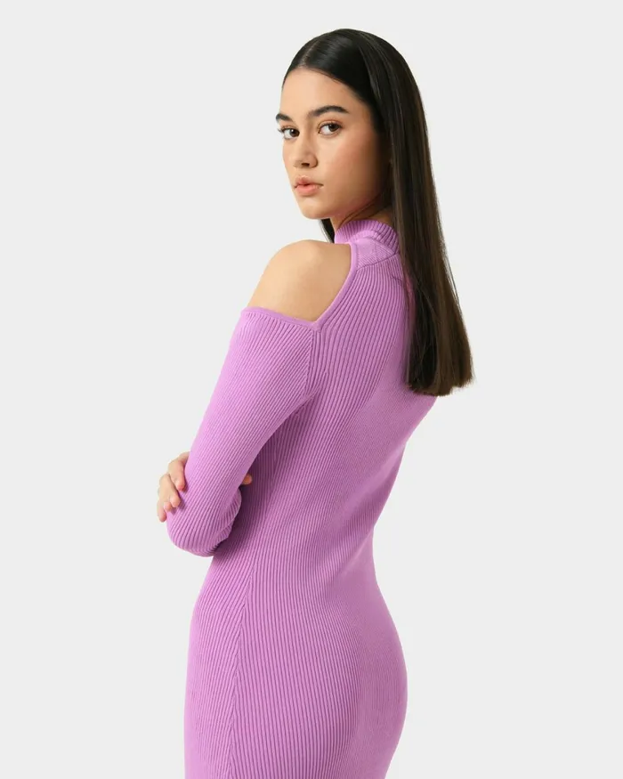 Forcast Destiny Cut Out Knit Dress Mauvegreen Women Midi Dresses
