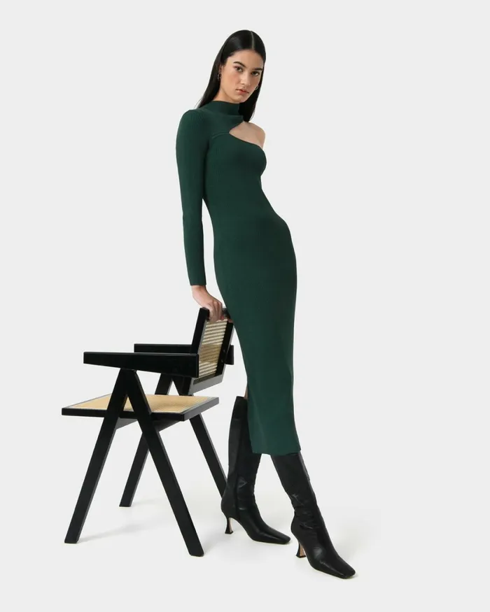 Forcast Destiny Cut Out Knit Dress Mauvegreen Women Midi Dresses