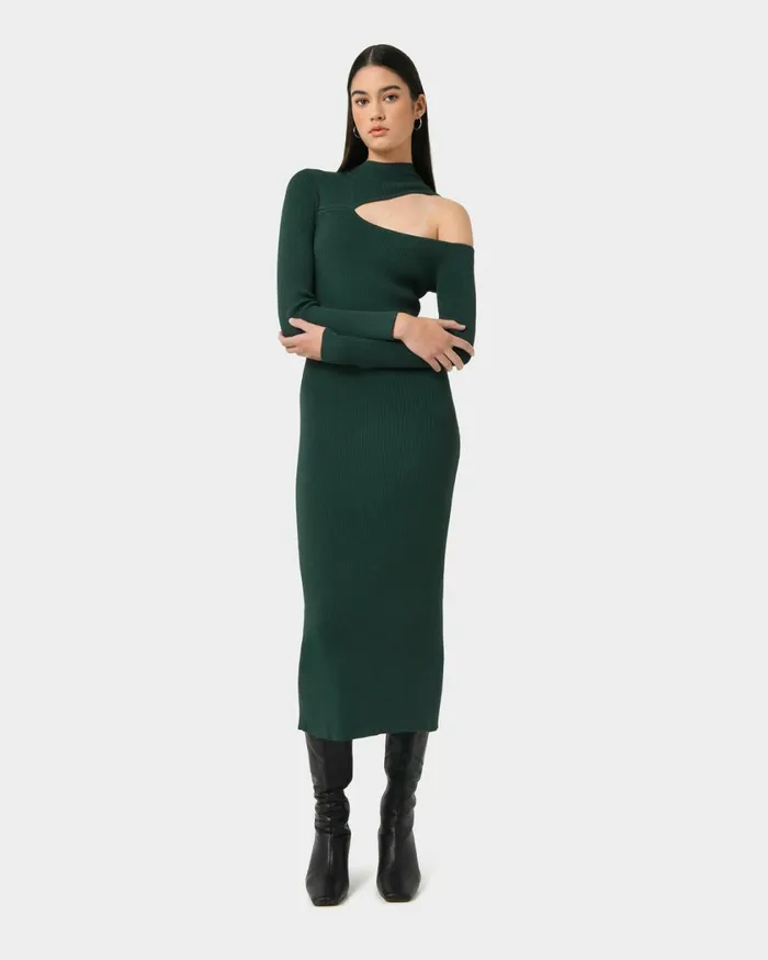 Forcast Destiny Cut Out Knit Dress Mauvegreen Women Midi Dresses