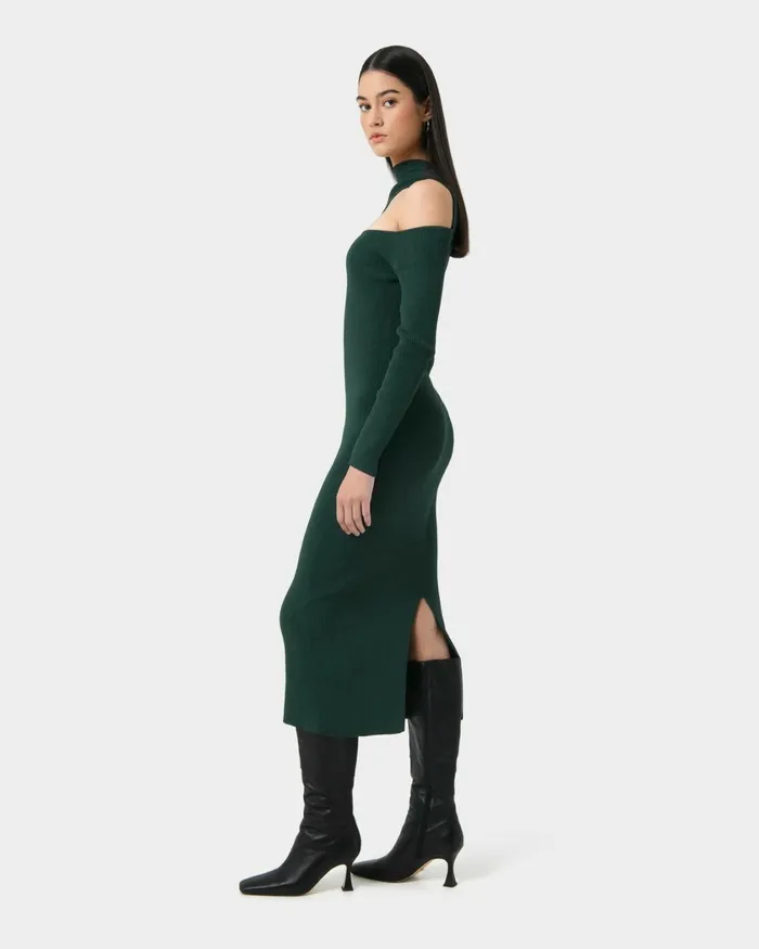Forcast Destiny Cut Out Knit Dress Mauvegreen Women Midi Dresses