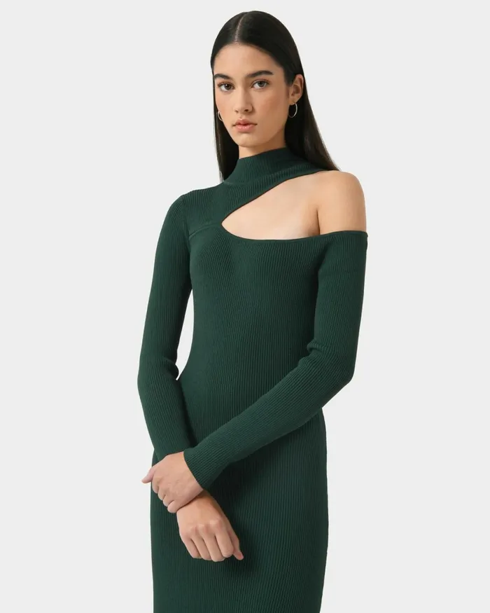 Forcast Destiny Cut Out Knit Dress Mauvegreen Women Midi Dresses