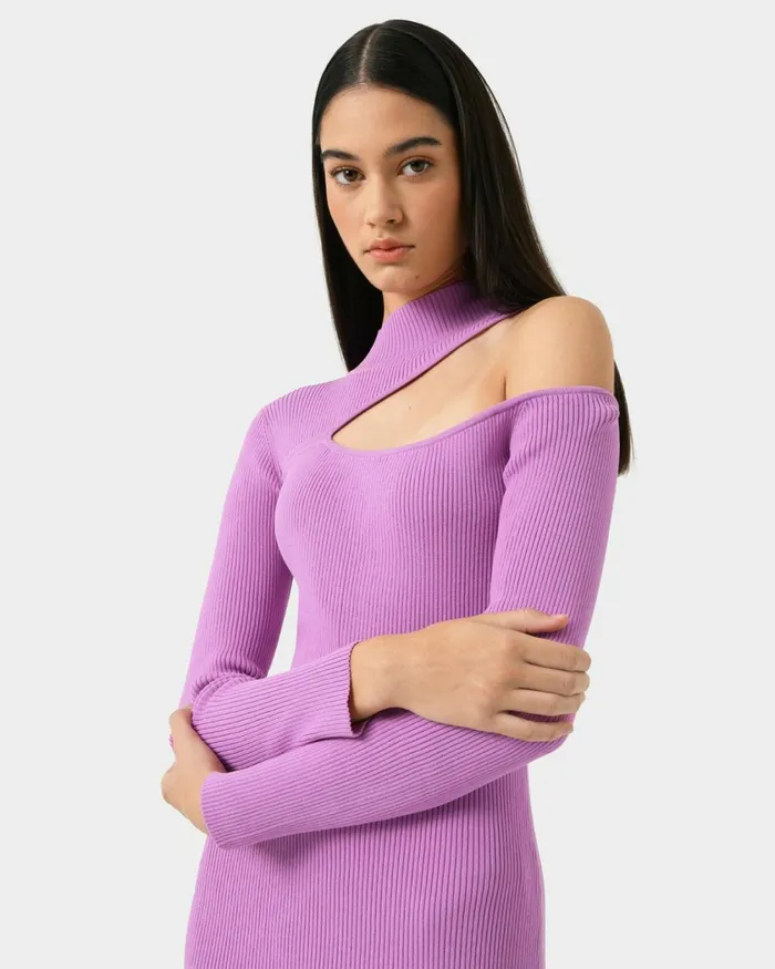 Forcast Destiny Cut Out Knit Dress Mauvegreen Women Midi Dresses