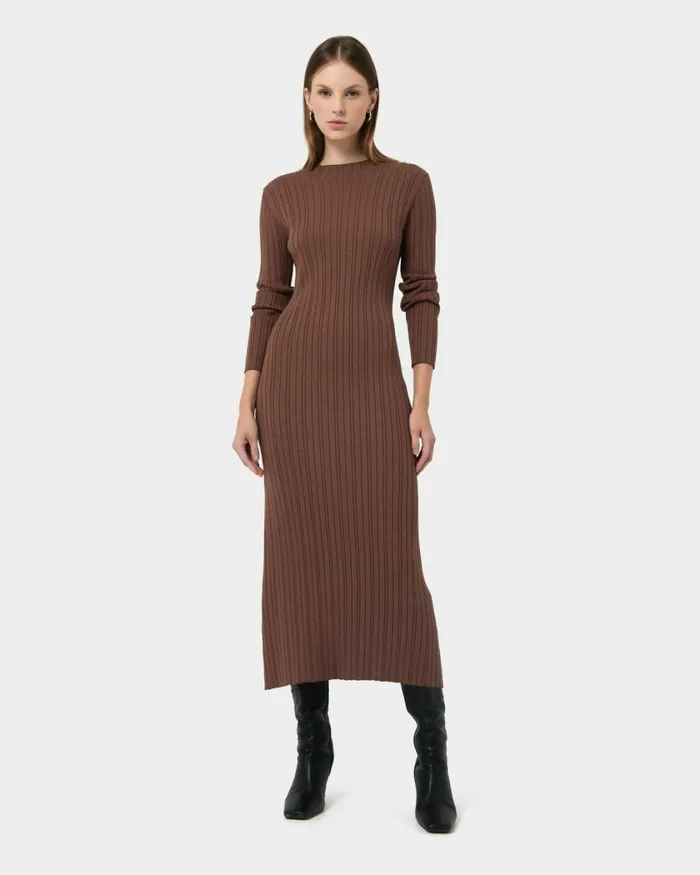 Forcast Diana Long Sleeve Knit Dress Mocha Women Midi Dresses