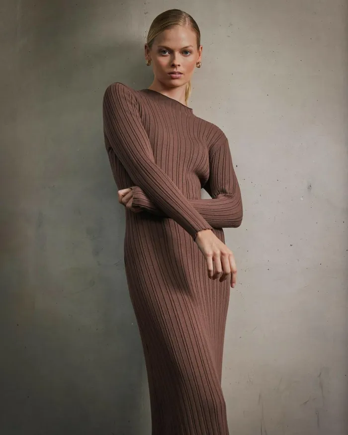 Forcast Diana Long Sleeve Knit Dress Mocha Women Midi Dresses