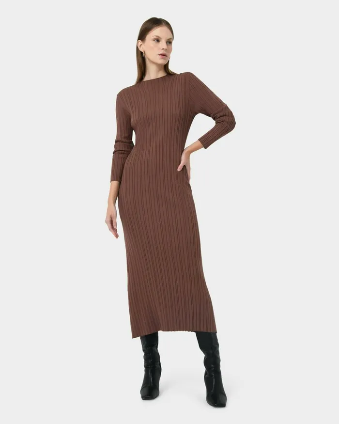 Forcast Diana Long Sleeve Knit Dress Mocha Women Midi Dresses