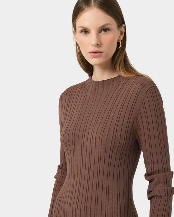Forcast Diana Long Sleeve Knit Dress Mocha Women Midi Dresses