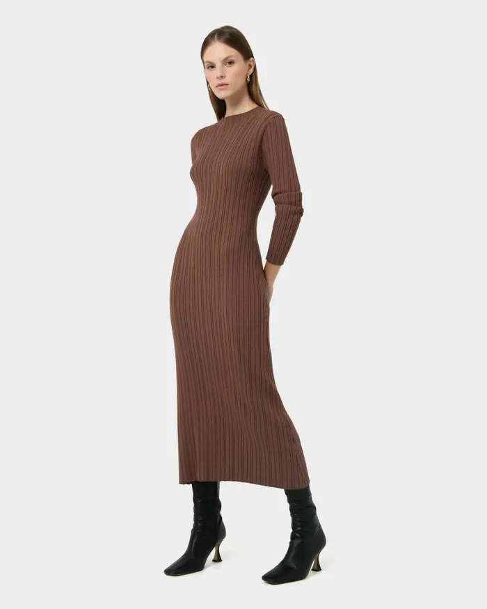 Forcast Diana Long Sleeve Knit Dress Mocha Women Midi Dresses