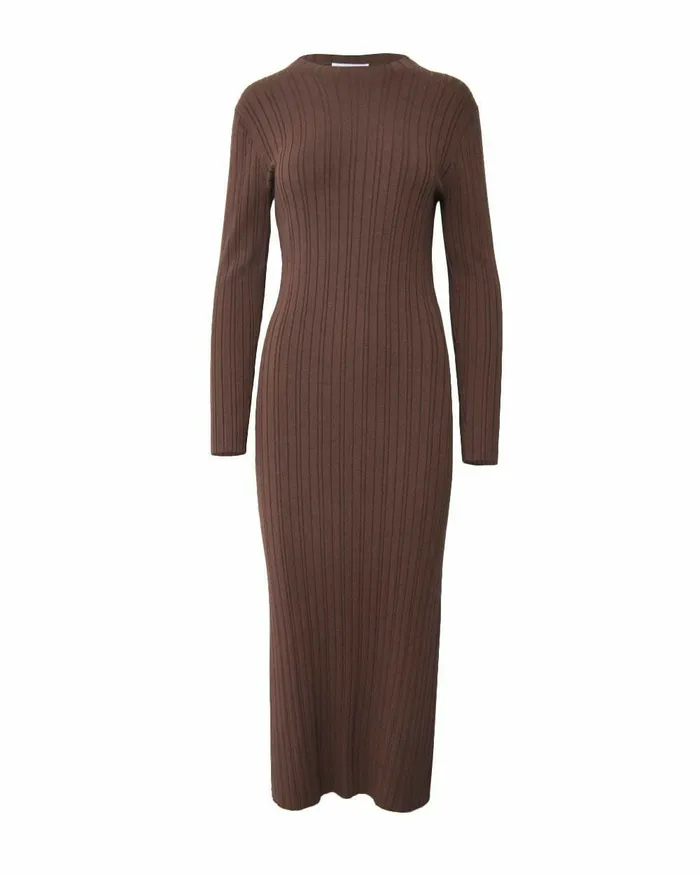 Forcast Diana Long Sleeve Knit Dress Mocha Women Midi Dresses