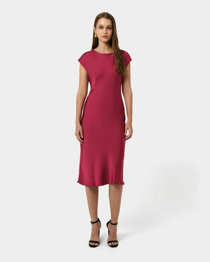 Forcast Dulce Satin Midi Dress Burgundyolivenavy Women Midi Dresses