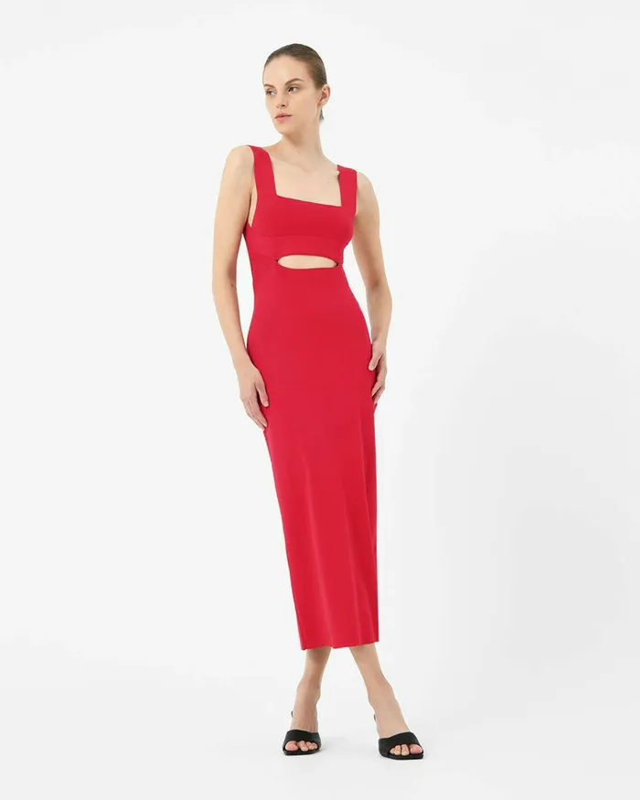 Forcast Elia Cutout Knit Dress Redblack Women Midi Dresses