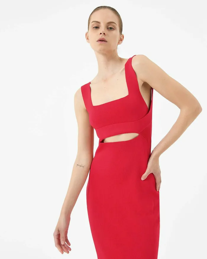 Forcast Elia Cutout Knit Dress Redblack Women Midi Dresses