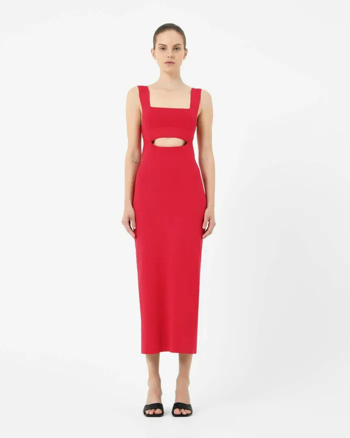 Forcast Elia Cutout Knit Dress Redblack Women Midi Dresses