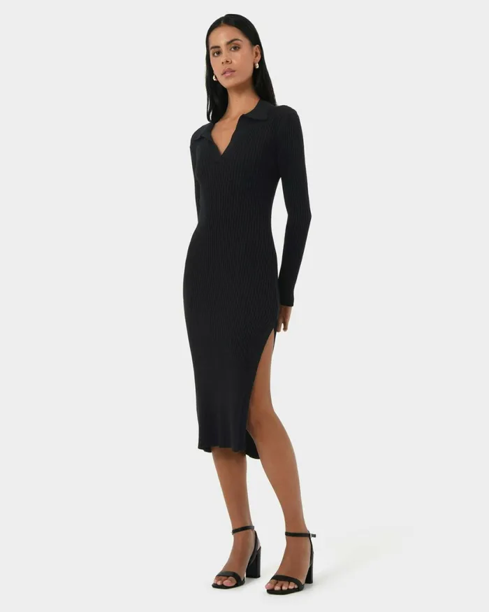 Forcast Elliot Collared Knit Dress Tealblack Women Knit Dresses
