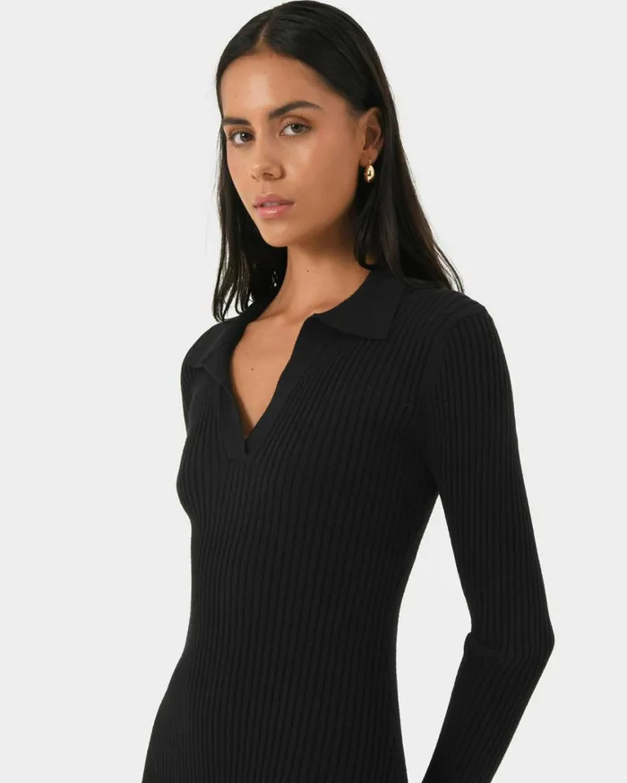 Forcast Elliot Collared Knit Dress Tealblack Women Knit Dresses