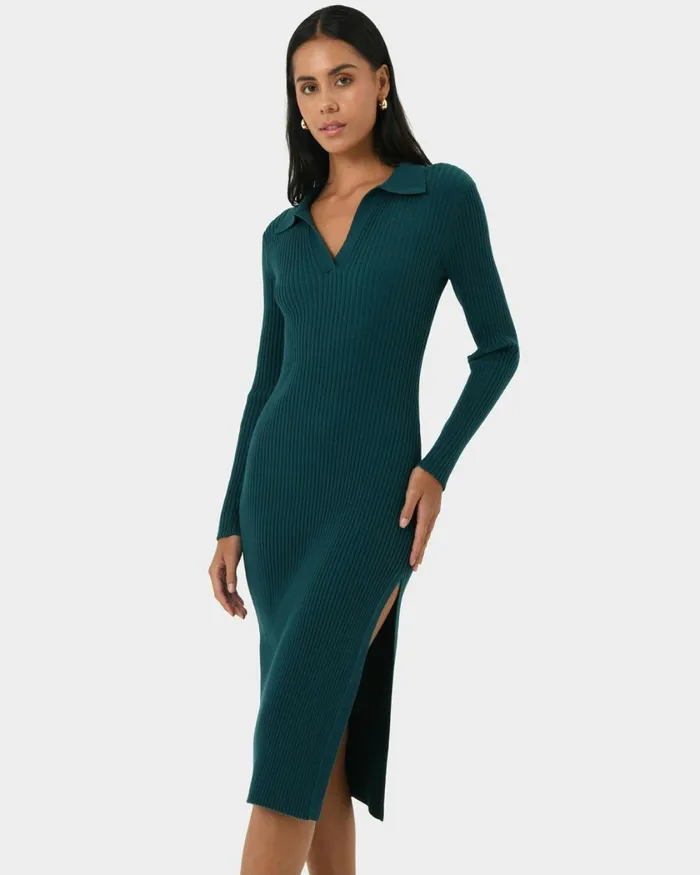 Forcast Elliot Collared Knit Dress Tealblack Women Knit Dresses