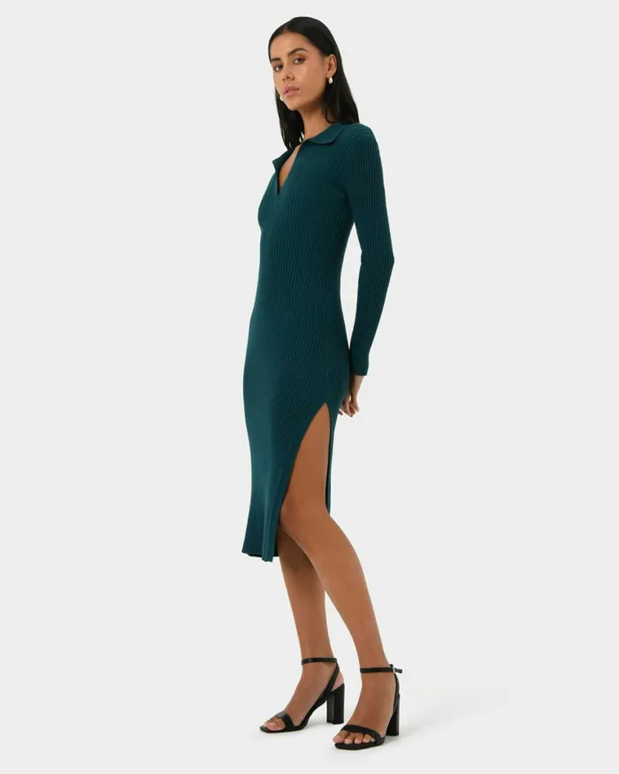 Forcast Elliot Collared Knit Dress Tealblack Women Knit Dresses