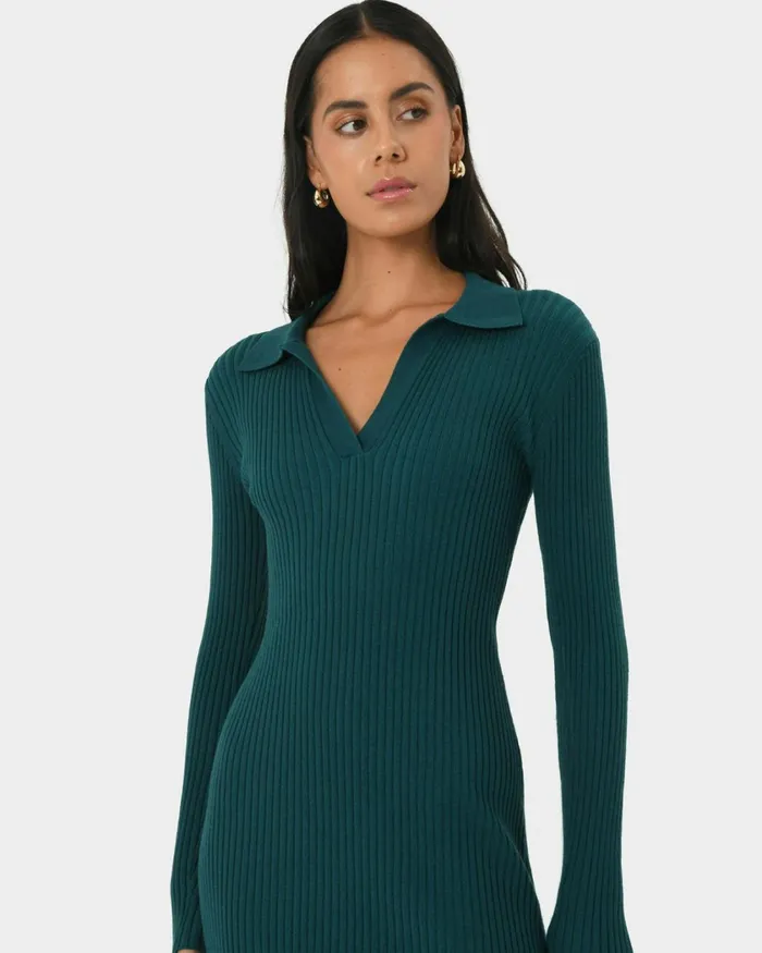 Forcast Elliot Collared Knit Dress Tealblack Women Knit Dresses
