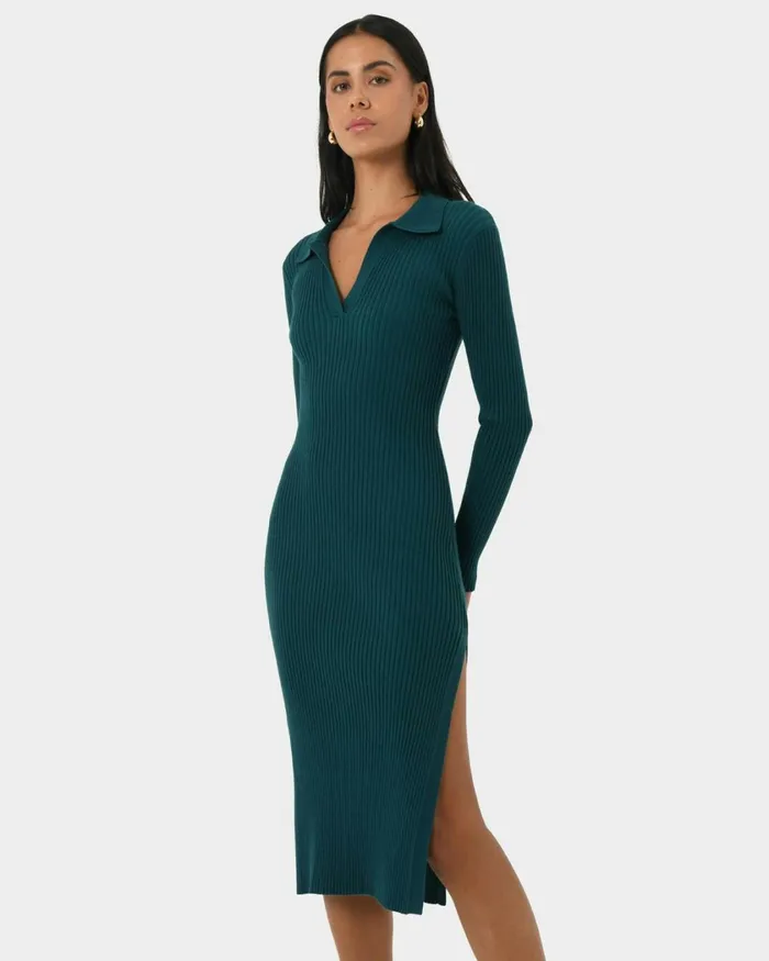 Forcast Elliot Collared Knit Dress Tealblack Women Knit Dresses