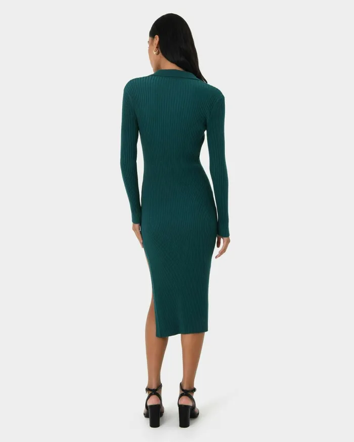 Forcast Elliot Collared Knit Dress Tealblack Women Knit Dresses