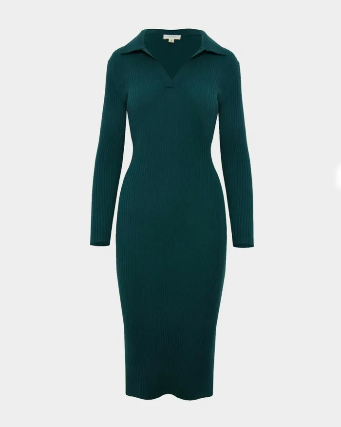 Forcast Elliot Collared Knit Dress Tealblack Women Knit Dresses