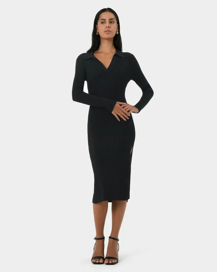 Forcast Elliot Collared Knit Dress Tealblack Women Knit Dresses