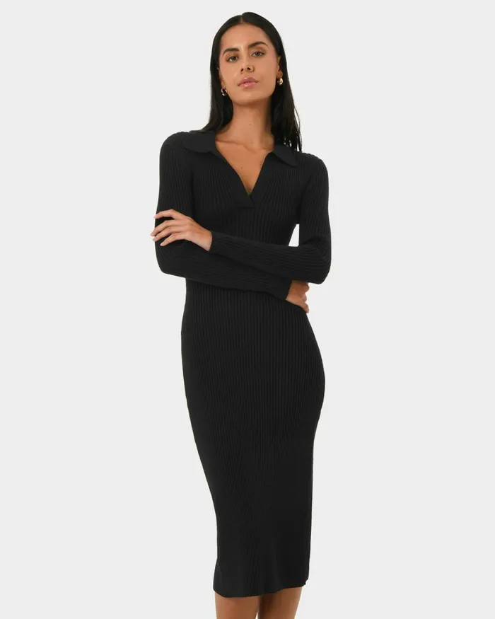 Forcast Elliot Collared Knit Dress Tealblack Women Knit Dresses