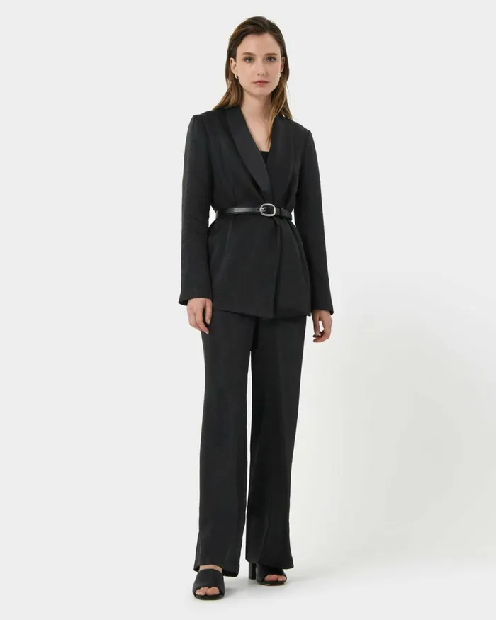 Forcast Elsie Tie Waist Blazer Black Women Jackets and Blazers