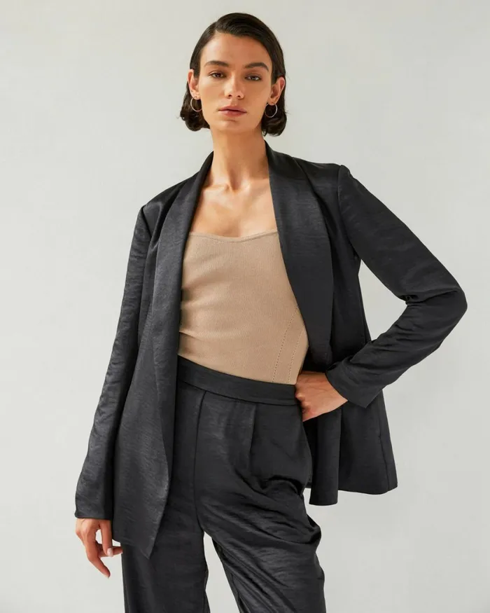 Forcast Elsie Tie Waist Blazer Black Women Jackets and Blazers