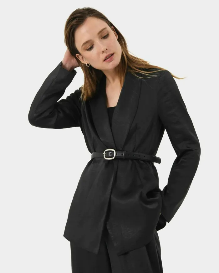 Forcast Elsie Tie Waist Blazer Black Women Jackets and Blazers