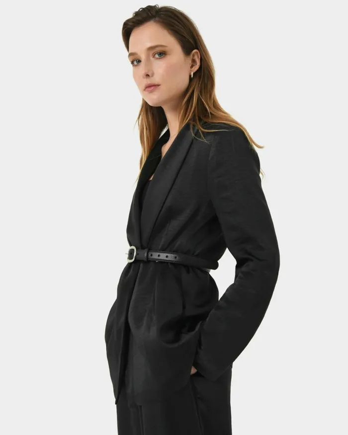 Forcast Elsie Tie Waist Blazer Black Women Jackets and Blazers