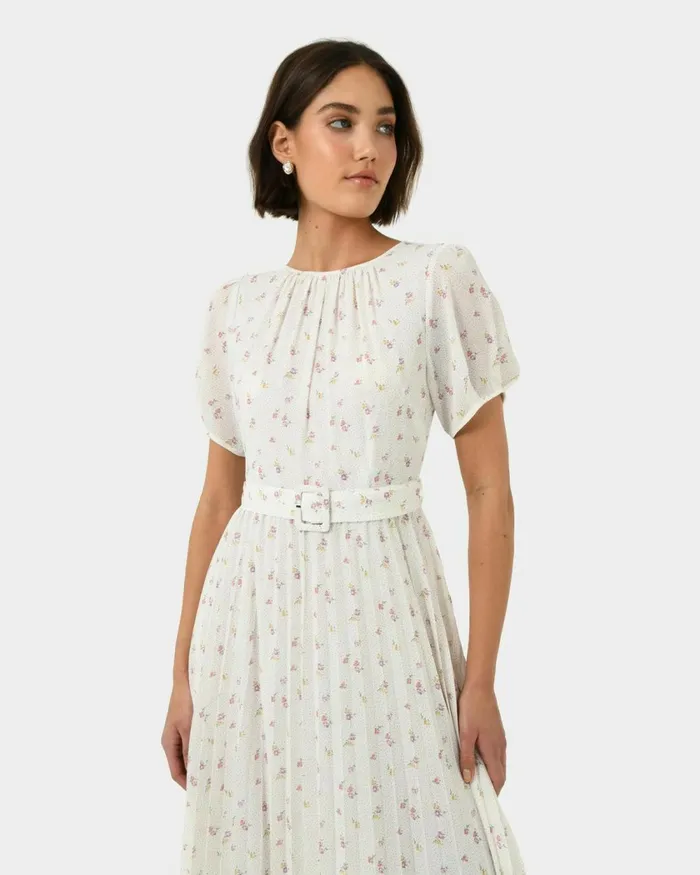 Forcast Etta Floral Pleated Dress Women Midi Dresses