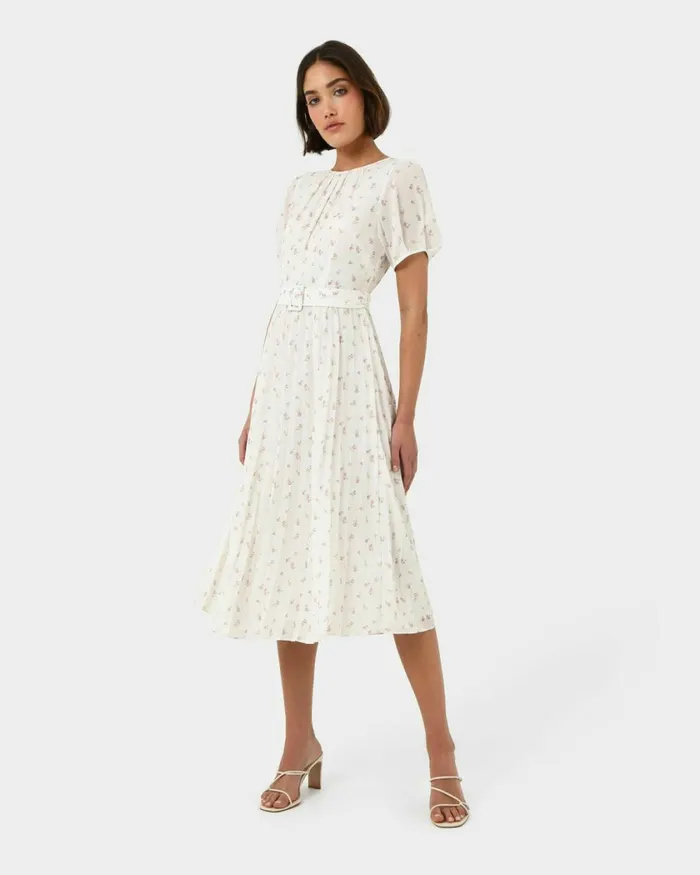 Forcast Etta Floral Pleated Dress Women Midi Dresses