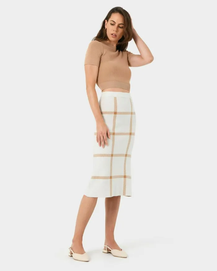 Forcast Evia Midi Knit Skirt Light Camelivory Women Work Skirts