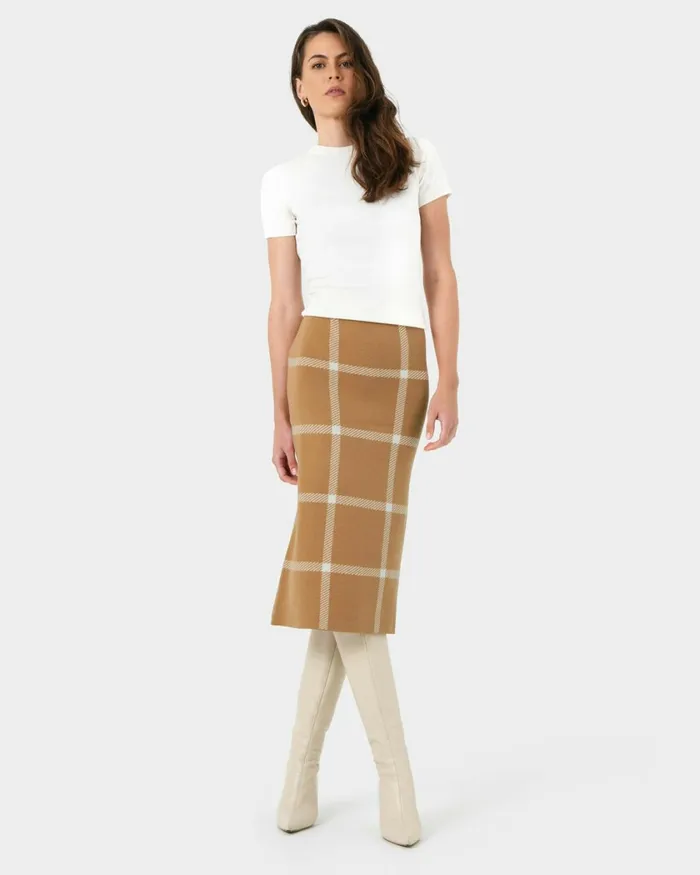Forcast Evia Midi Knit Skirt Light Camelivory Women Work Skirts