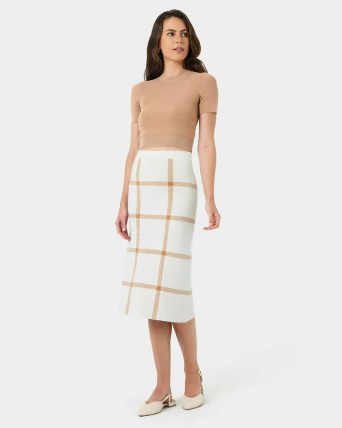 Forcast Evia Midi Knit Skirt Light Camelivory Women Work Skirts