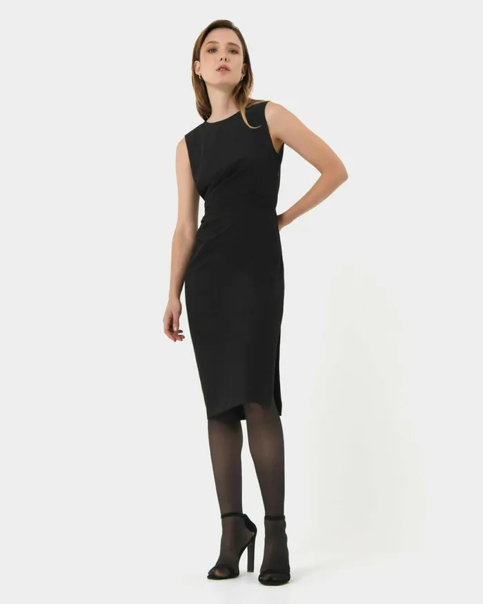 Forcast Faith Side Pleated Midi Dress Navyblack Women Midi Dresses