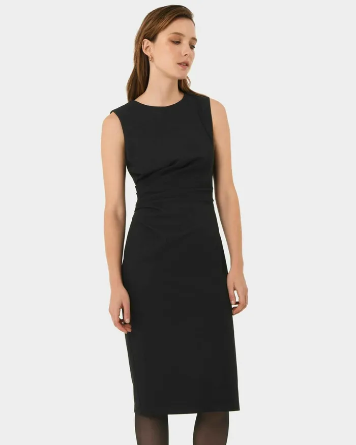 Forcast Faith Side Pleated Midi Dress Navyblack Women Midi Dresses